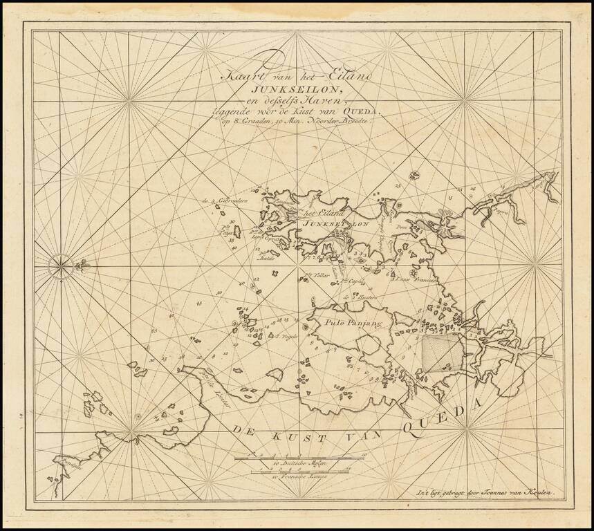 (Phuket, Thailand) Kaart van het Eiland Junkseilon, en desselfs Haven, leggende voor de Kust van Queda, op 8 Graaden, 10 Min. Noorder Breedte.