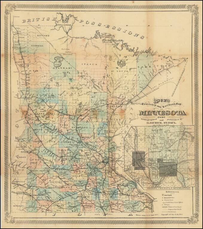 Rice's Township and Rail Road Map of Minnesota 1880   Lithographed and published by G. Jay Rice, St. Paul.
