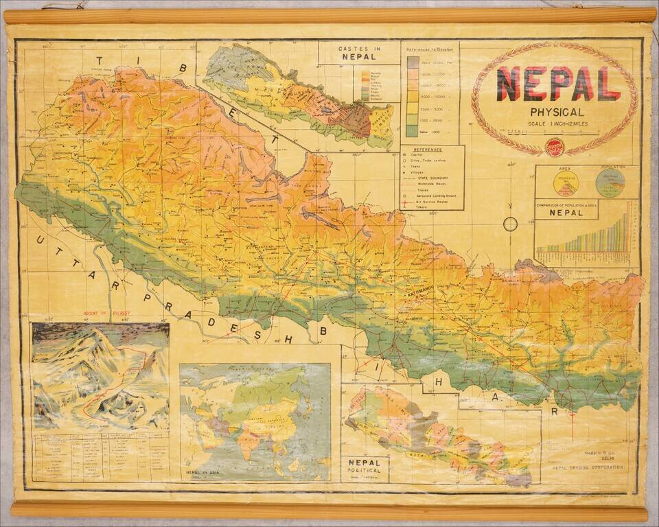 (Wall Map of Nepal -- Including Map / View Showing Edmund Hillary's Ascent of Everest)