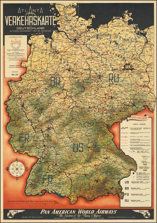 [Pan American Airways Advertising Map -- Occupied Germany]  Reise-Und Transport Verkehrskarte von Deutschland Mit Strassen- Und Eisenbahnmetz Zonen - Und Landergrenzen