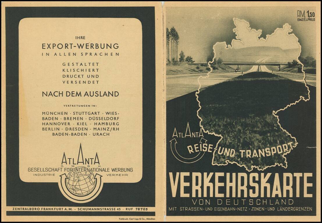 [Pan American Airways Advertising Map -- Occupied Germany]  Reise-Und Transport Verkehrskarte von Deutschland Mit Strassen- Und Eisenbahnmetz Zonen - Und Landergrenzen