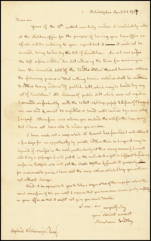 [Abraham Bradley Letter to Ezekiel Williams Jr. --  Dated April 22, 1797]