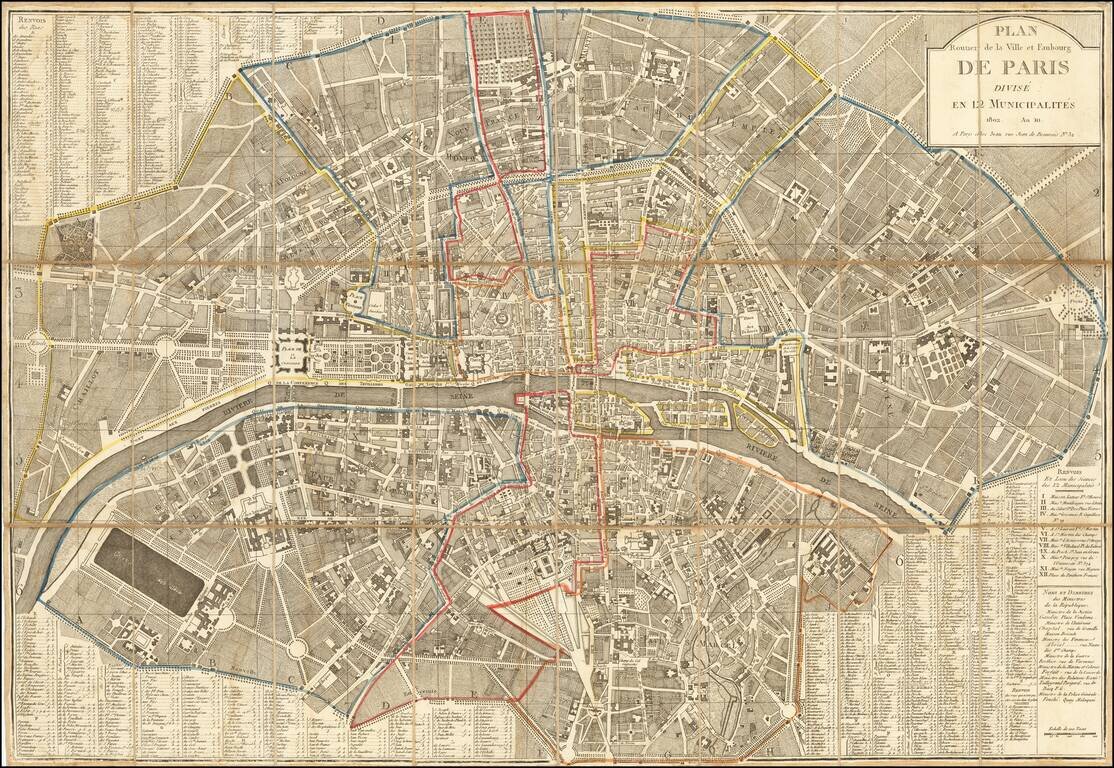 Plan Routier de la Ville et Faubourg de Paris Divise en 12 Municipalities 1802.  An. 10