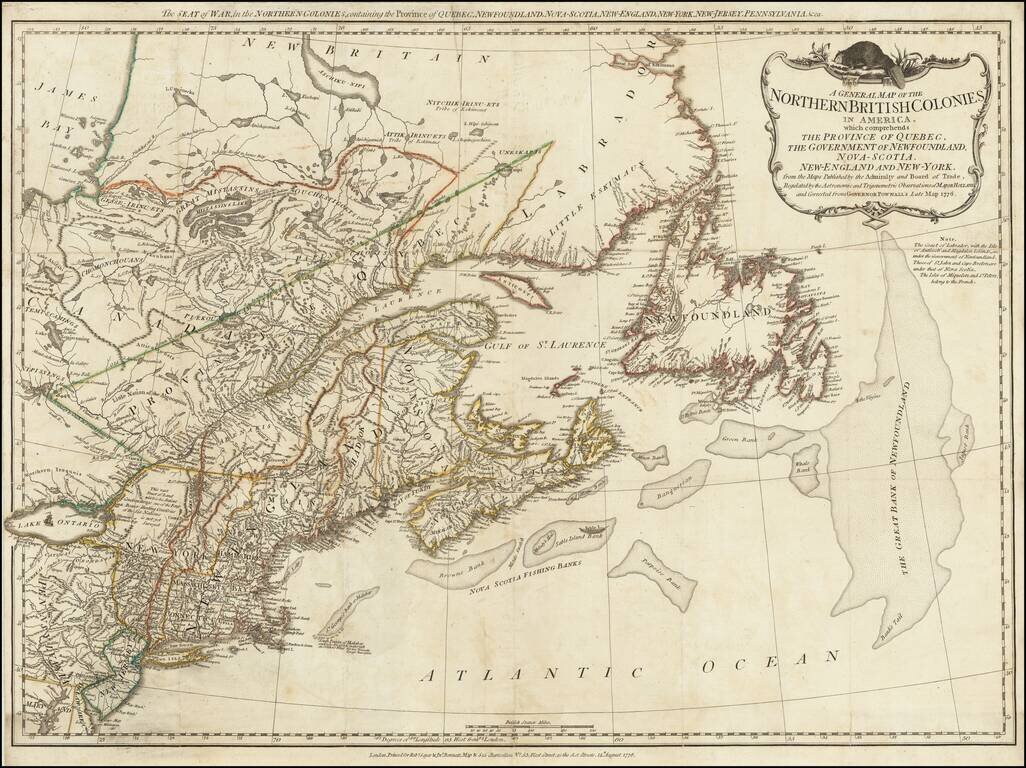 A General Map of the Northern British Colonies in America. Which comprehends the province of Quebec, the government of Newfoundland, Nova-Scotia, New-England and New-York. . . 1776