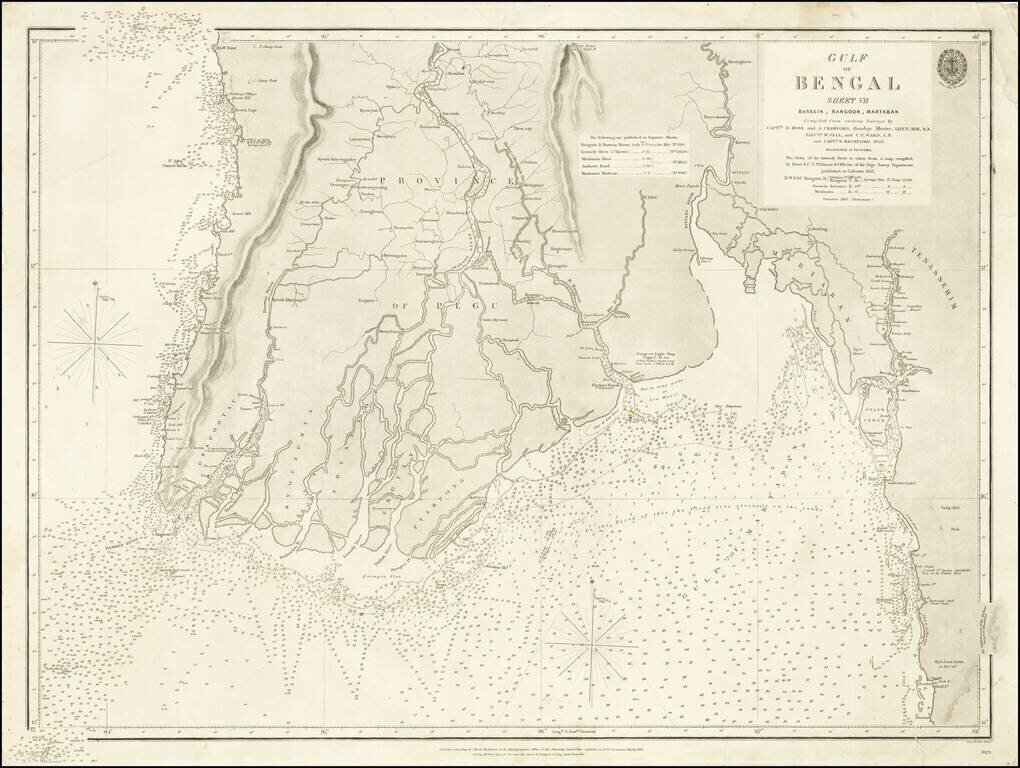 [Myanmar]  Gulf of Bengal Sheet VII Bassein, Rangoon, Martaban Compiled from various Surveys by Captns. D. Ross and J. Crawford, Bombay Marin, Lieut. Roe, R.N. Lieuts. W. Fell and C.Y. Ward, I.N. and Captn. Beckford 1859.