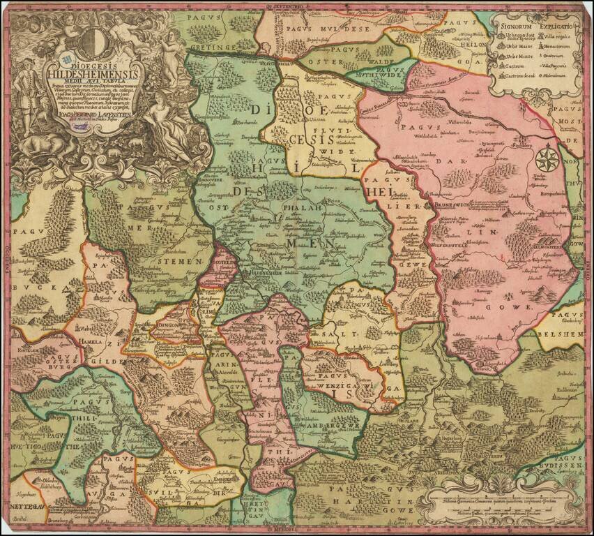 Dioecesis Hildesheimensis Medii Aevi, Tabula  Inqua ex variis medii avi Diplomatibus nomina Villarum Gastrorum,
Givitatum etc. collegit et ad ductum Diplomatum in Pagos tam Majores, quam Minores, curate divisit, nomina quo que Fluviorum, Sylvarum etc. ad