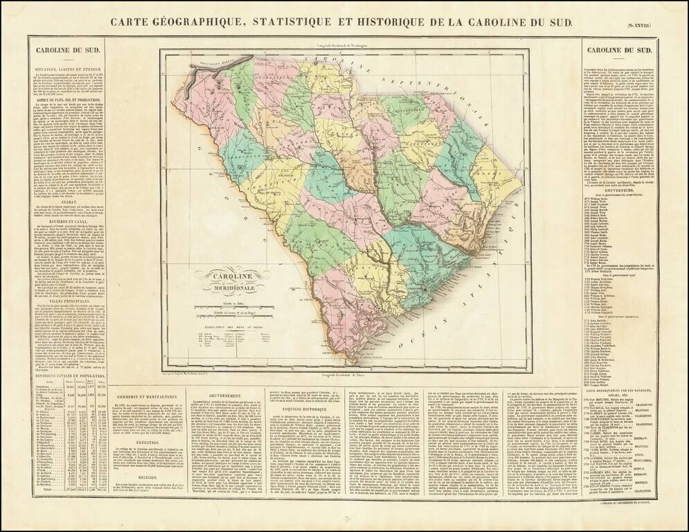 (South Carolina)  Carte Geographique, Statistique Et Historique De La Caroline Du Sud