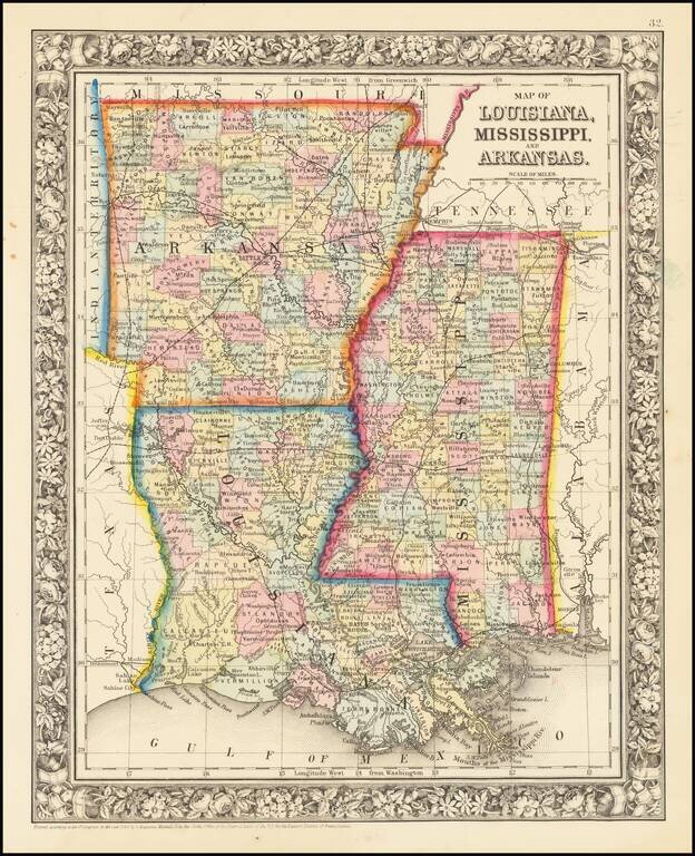 Map of Louisiana, Mississippi and Arkansas