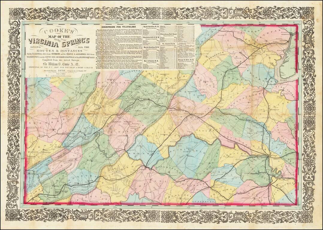 Cooke's Map of the Routes to the Virginia Springs Giving All The Routes & Distances on the VA Central R.R. from Richmond to Orange & Alexandria R.R. from Washington to the South Side, Richmond & Danville & VA & Tennessee Railr. . . . 1858