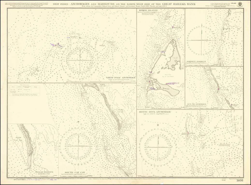 Anchorages and Harbours on the North West Side of the Great Bahama Bank From surveys by Commanders Richard Owen and Edward Barnett, and Lieutenant Thomas Smith, H.M.S. Thunder and Lark, 1836-9.