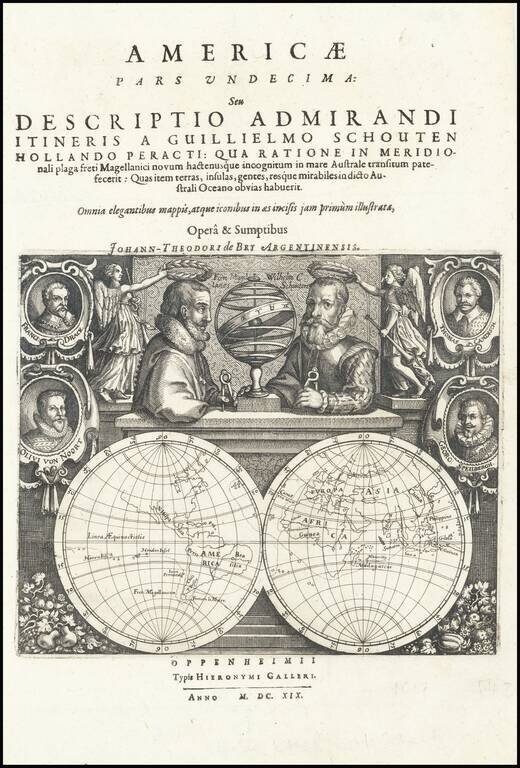 [Untitled Map -- Double Hemisphere Map with Portraits of Magellan, Schoten, Drake, Von Noort, Cavendish, and Speilbergen