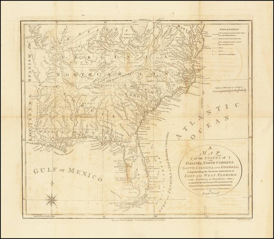 [Franklinia]  A Map of the States of Virginia, North Carolina, South Carolina and Georgia; Comprehending the Spanish Provinces of East and West Florida: Exhibiting the Boundaries as fixed by the late Treaty of Peace . . .