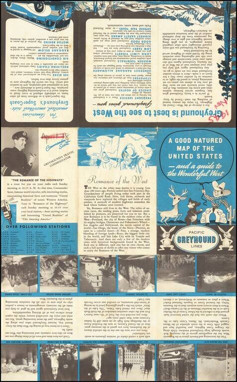 A good-natured map of the United States setting forth the service of The Greyhound Lines and a few principal connected but lines.