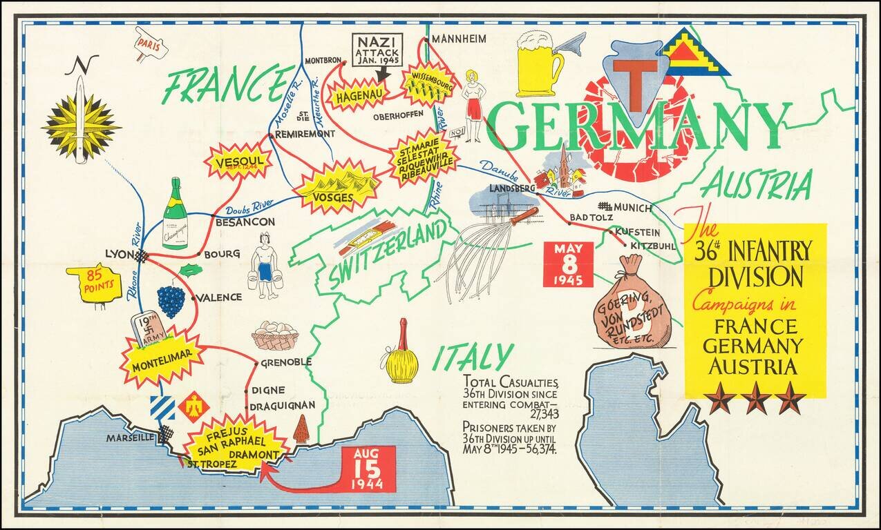 (Second World War-Triumphal Map) The 36th Infantry Division Campaigns in France Germany Austria