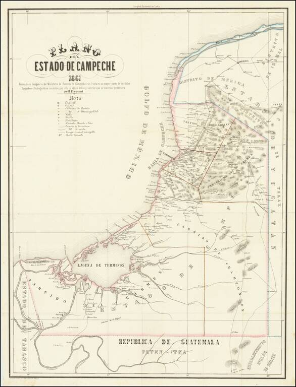 Plano del Estado de Campeche 1861. Formado en la Agencia del Ministerio de Fomento en Campeche con vista en su mayor parte de los datos Topográficos é* hidrográficos reunidos por ella y otros datos y noticias que se tuvieron presentes por H. Fremont.