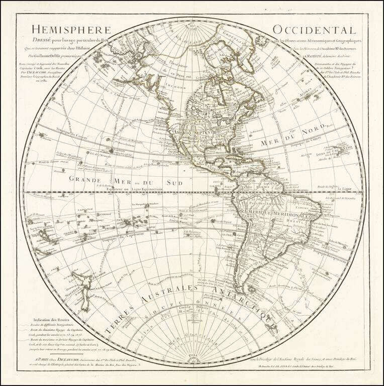 Hemisphere Occidental Dresse pour l'usage particulier du Roy . . . Revu, Corrige et Augmente des Nouvelles Decouvertes et des Voyages Capitaine Cook, de ce Celebre Navigaterur avec les Routes  . . .  1782