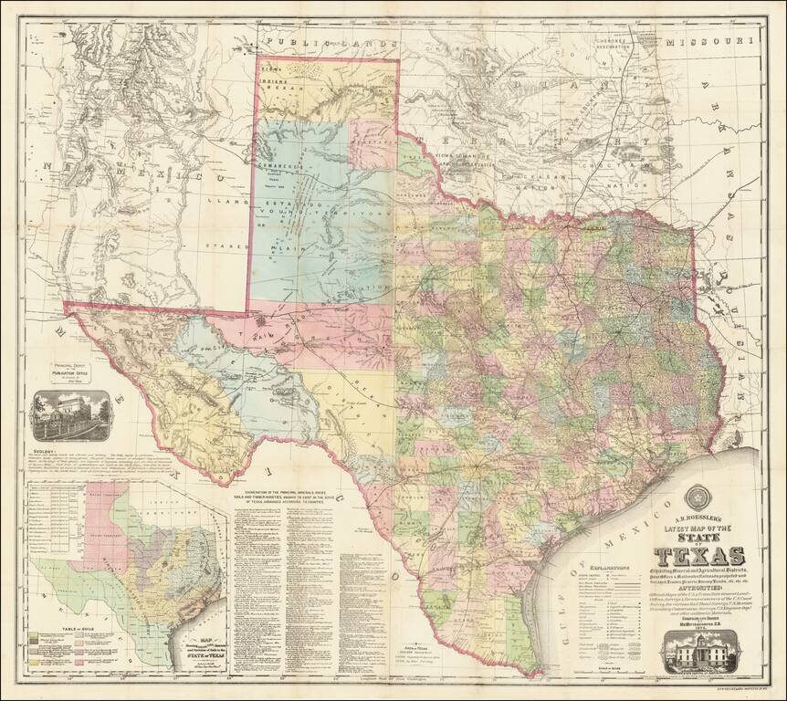 A. R. Roessler's Latest Map of the State of Texas Exhibiting Mineral-and Agricultural Districts, Post Offices & Mailroutes, Railroads projected and finished, Timber, Prairie, Swamp Lands, etc. etc. etc.