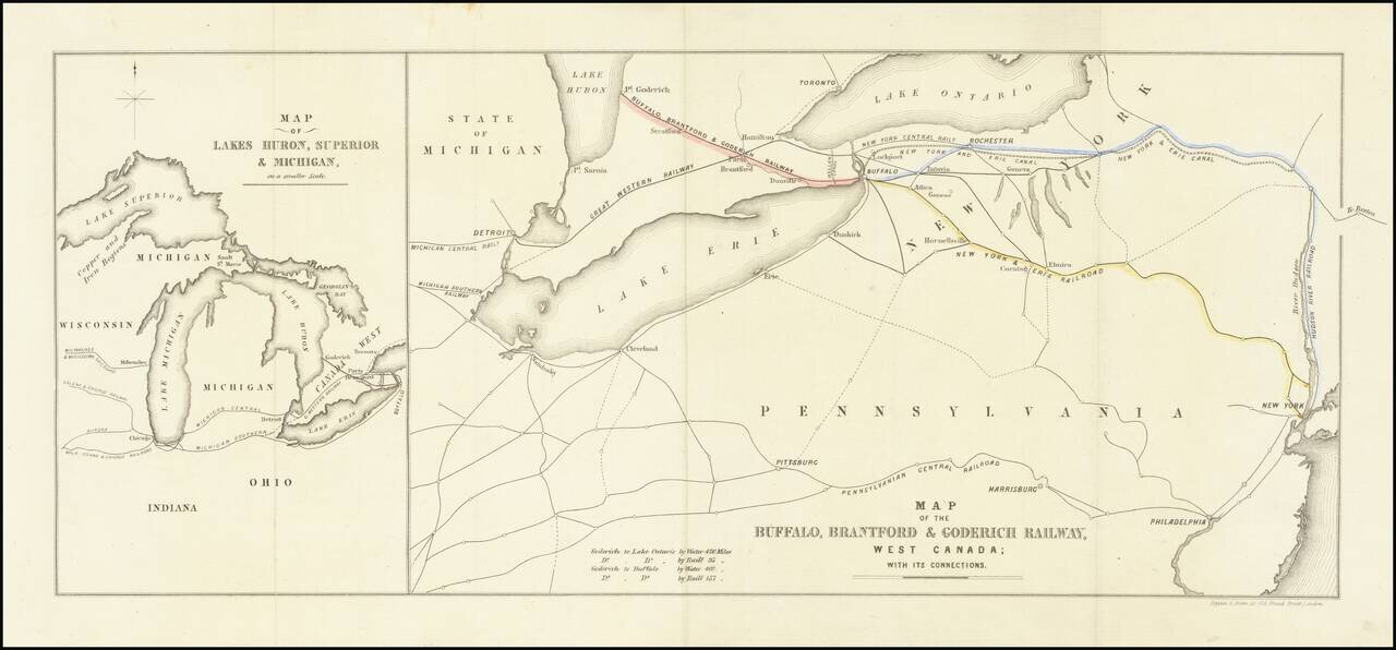 Map of the Buffalo, Brantford & Goderich Railway, West Canada, with its connections  /  Map of Lake Huron, Superior & Michigan