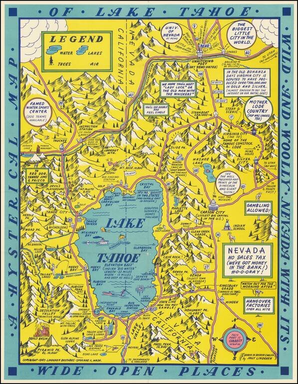 A Hysterical Map Of Lake Tahoe Wild and Woolly Nevada With Its Wide Open Places  [With Original Envelope!]