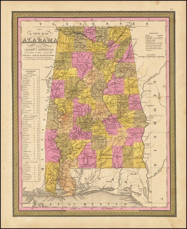 A New Map Of Alabama with its Canals, Roads, Distances from Place to Place, along the Stage & Steam Boat Routes . . .