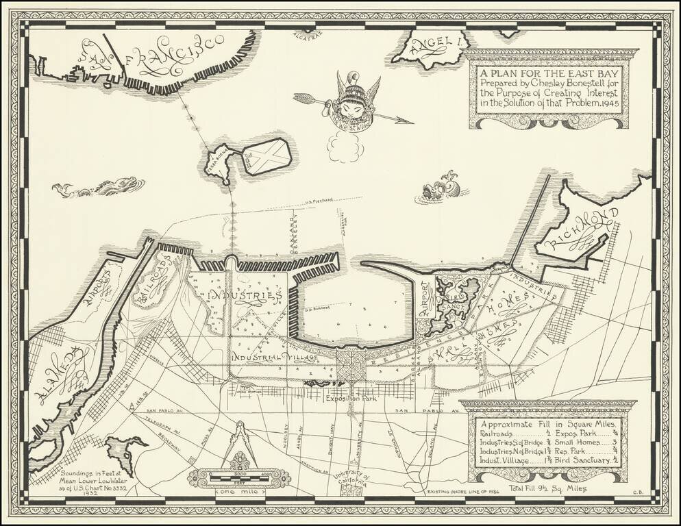 [Hand Drawn Map By The Father of Modern Space Art]  A Plan For The East Bay Prepared by Chesley Bonestell for the Purpose of Creating Interest in the Solution of that Problem.  1945.
