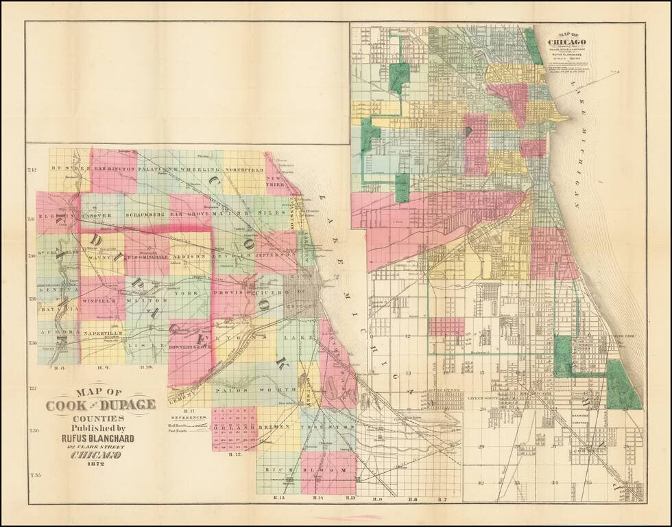 Map of Chicago Showing the Wards, Streets, and Parks Published by Rufus Blanchard | Map of Cook and Dupage Counties Published by Rufus Blanchard