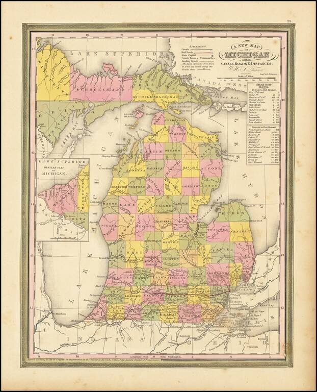 [Michigan Territory] A New Map of Michigan with its Canals, Roads & Distances by H.S. Tanner