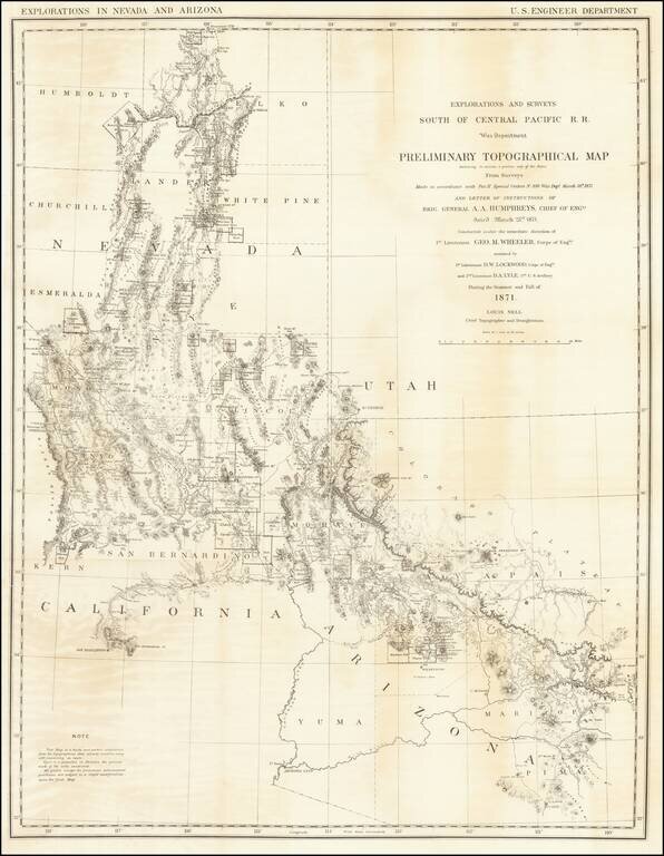 [Nevada and parts of California, Utah and Arizona] Explorations and Surveys South of Central Pacific R.R. . . . Preliminary Topographical Map Map Embracing in Skeleton a Portion Only of the Notes from Surveys . . . 1871  (with original text)