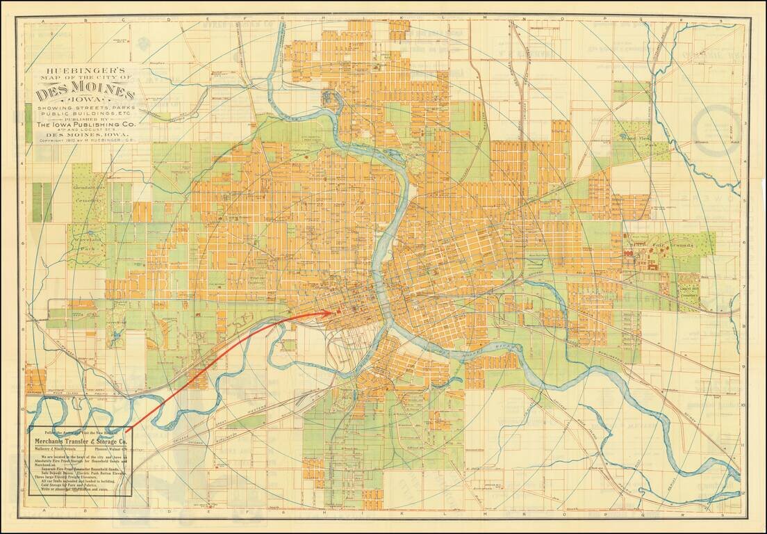 Heubinger's Map of the City of Des Moines Iowa Showing Streets, Parks, Public Buildings, etc. . . . 1910 . . .