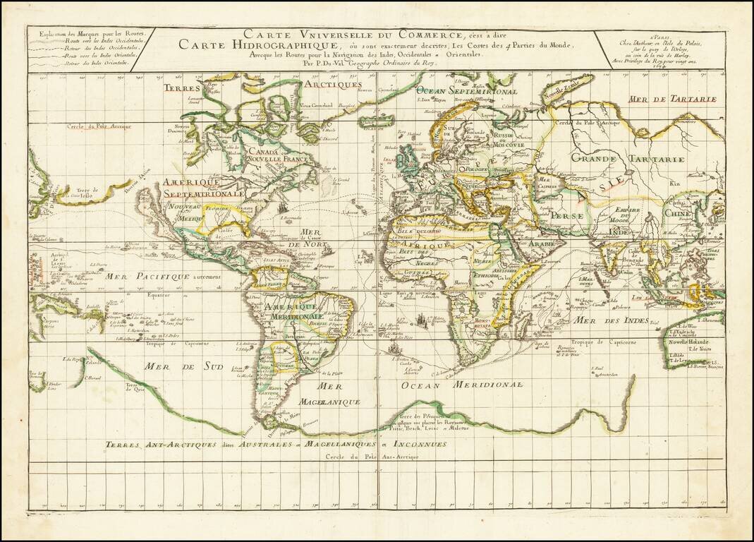 Carte Universelle Du Commerce, c'est a dire Carte Hidrographique, ou sont exactement decrites, Les Costes des 4 Parties du Monde, Avecque les Routes pour la Navigation des Indes, Occidentales et Orientales . . . 1674.