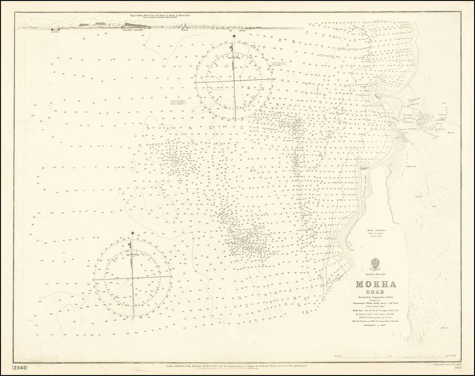 [Mocha, Yemen]  Arabia -- Red Sea --  Mokha Road Surveyed by Commander Aldrich assisted by Lieutenants Pullen, Helby, Keary and Cust, H.M.S. Fawn 1882.  [With an early View of Mocha!]