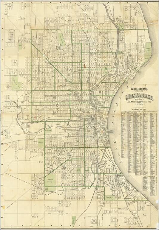 Wright's Map of Milwaukee, Published by AG. Wright, 107 Wisconsin St. 1898.