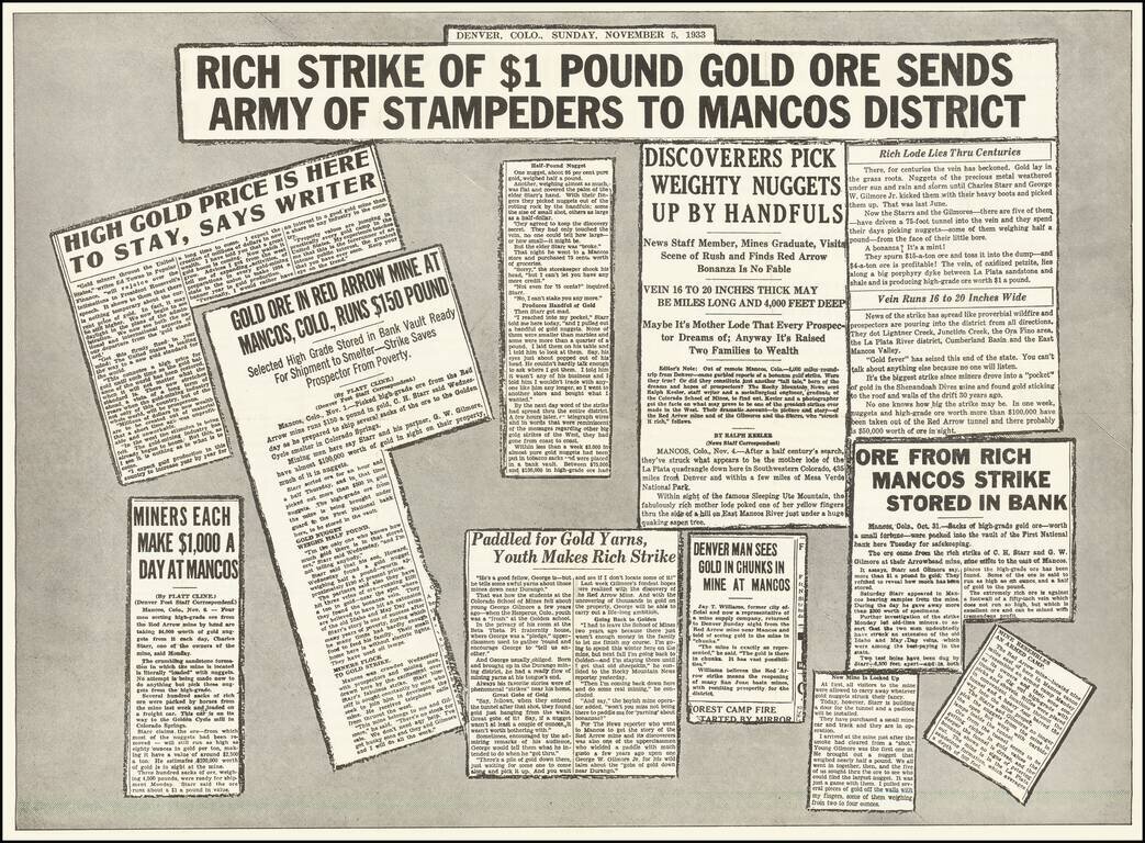 [Southwest Colorado Gold]  Map of the Durango and Mancos Colorado District Where Sensational GOLD STRIKE Was Made Oct. 27, 1933