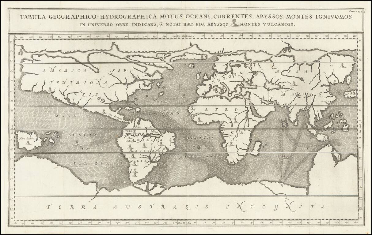 Tabula Geographico-Hydrographica Motus Oceani, Currentes, Abyssos, Montes Igniuomos In Universo Orbe Indicans, Notat Haec Fig. Abyssos Montes Vulcanios