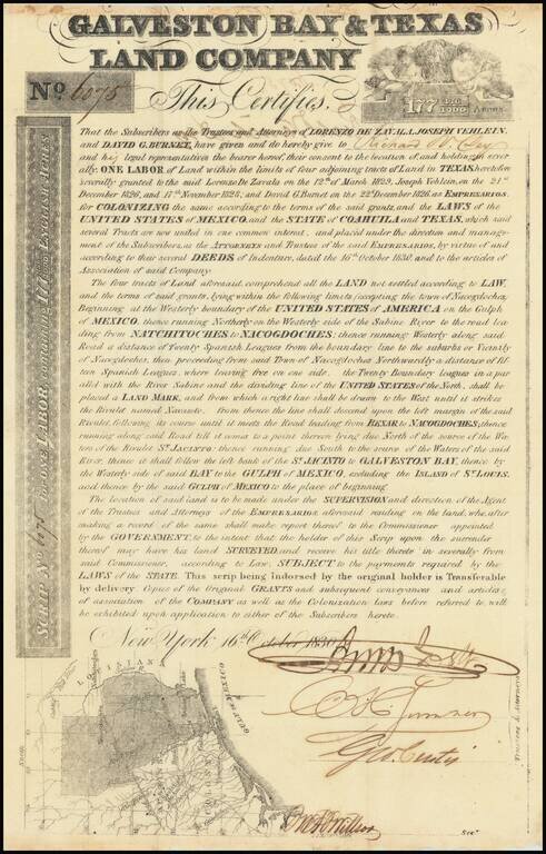 Galveston Bay & Texas Land Company Scrip No. 6075 . . .  (one Labor)