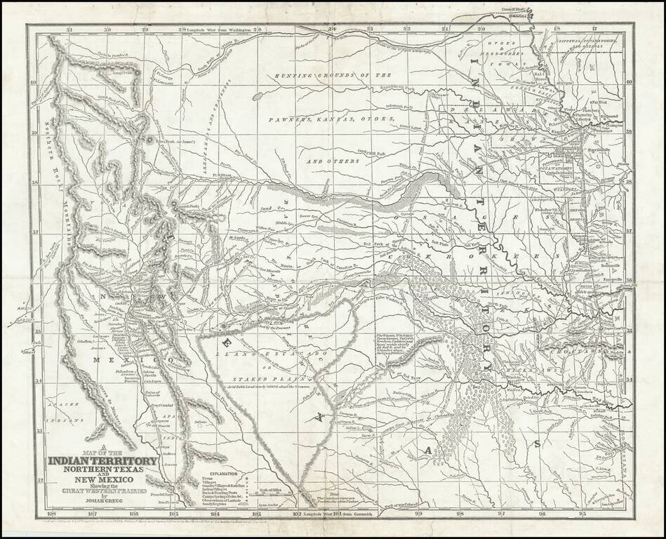 A Map of The Indian Territory, Northern Texas And New Mexico Showing the Great Western Prairies by Josiah Gregg