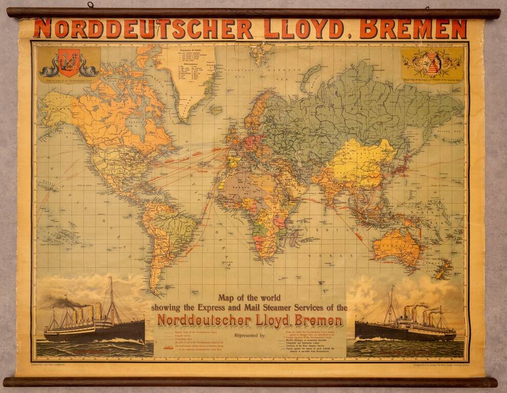 Map of the world, showing the Express and Mail Steamer ServiceS of the Norddeutscher Lloyd, Bremen.
