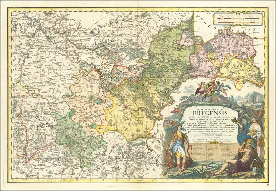 Principatus Silesiae Bregensis exactissima Tabula Geographica exhibens Circulos Brieg, Ohlav, Strehlen, Nimptsch, Creutzburg et Pitschen una cum adjacente Districtu Nambslaviensi ad Principatum Wratislaviensem . . .MDCCXXXVI