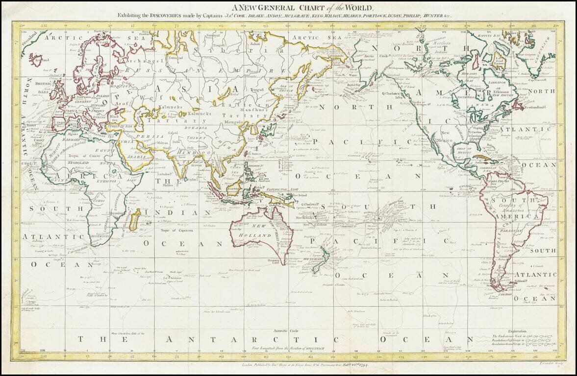 A New General Chart of the World, Exhibiting the Discoveries made by Captains Jas. Cook, Drake, Anson, Mulgrave, King, Wilson Meares, Portlock, Dixon, Phillip, Hunter, etc.