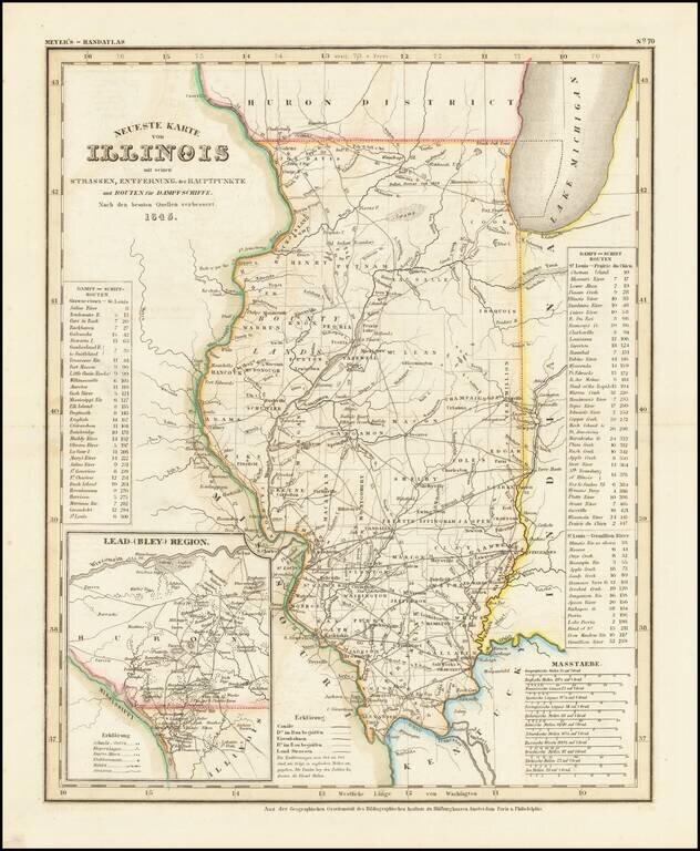 Neueste Karte von Illinois mit seinen Strassen, Entfernungen, der Hauptpunkte, und Routen fur Dampfschiffe. Nach den bessten Quellen verbessert. 1845