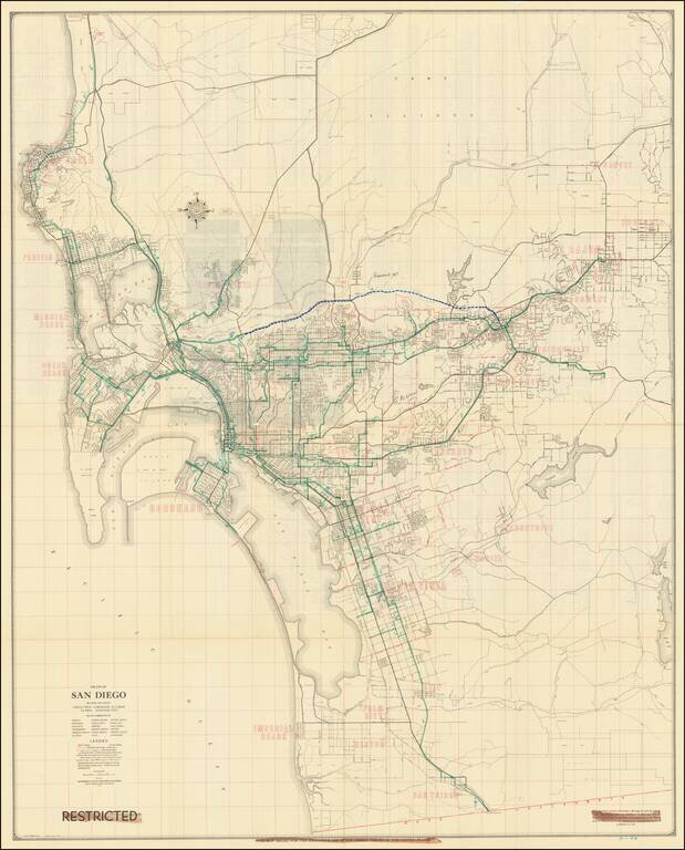 [Restricted Military Map of San Diego]  The City of San Diego Including The Cities of Chula Vista  Coronado  El Cajon  La Mesa  National City . . .