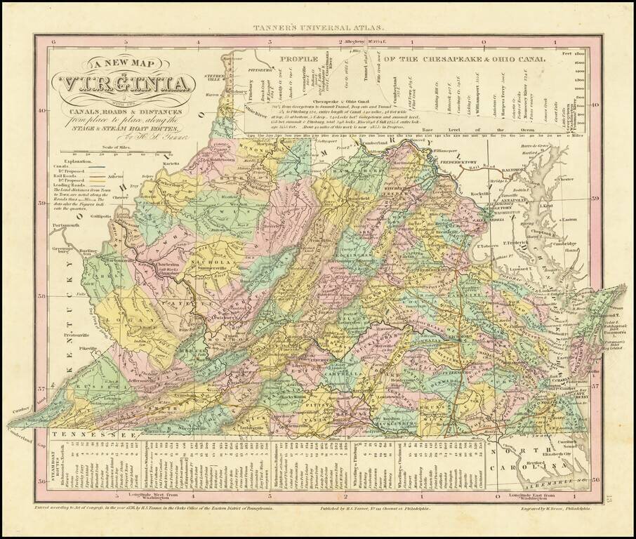A New Map Of Virginia, with its Canals, Roads, & Distances from place to place, along the Stage & Steam Boat Routes . . .