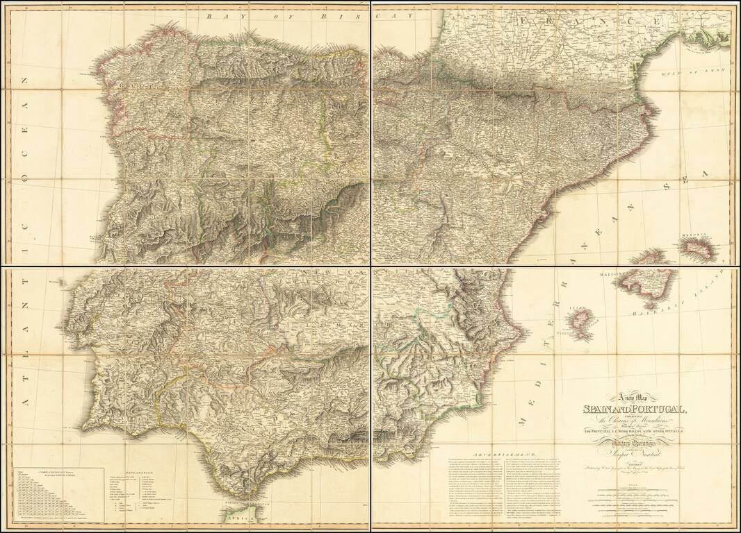 A new Map of Spain and Portugal, Exhibiting the Chains of Mountains With their Passes the Principal & Cross Roads, with other Details requisite for the Intelligence of Military Operations Compiled By Jasper Nantiat . . . 1810
