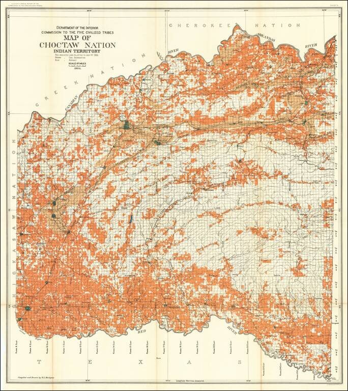Department of the Interior Commission on the Five Civilized Tribes Map of Choctaw Nation Indian Territory