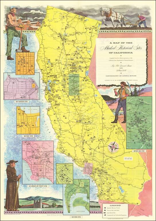 A Map of the Marked Historical Sites of California  *  Compiled from the official registrations of the California State Department of Natural Resources  *  By Phil Townsend Hanna and William Webb  *  Cartography By Lowell Butler