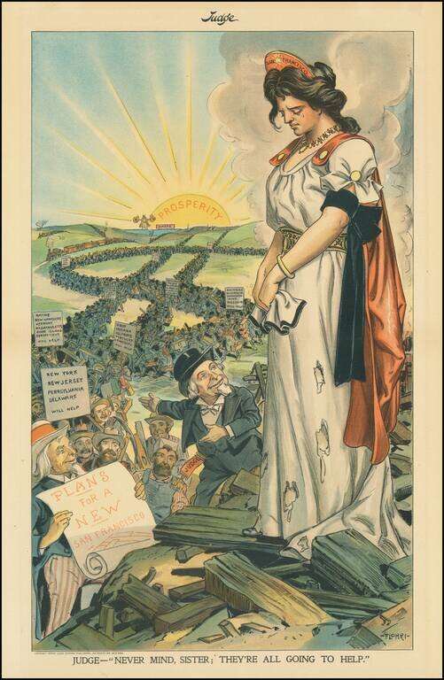 [San Francisco Fire Satirical Cartoon] Judge -- Never Mind Sister; They're All Going To Help