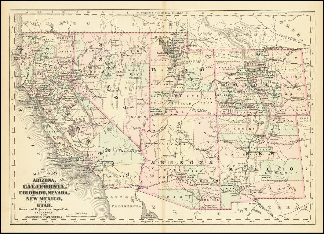 Map of Arizona, California, Colorado, Nevada, New Mexico and Utah . . .