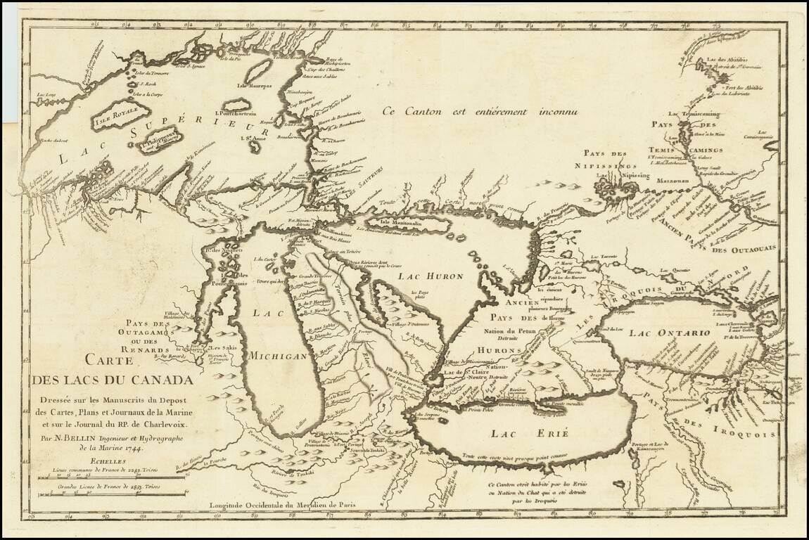 Carte des lacs du Canada. Dressee sur les manuscrits du Depost des cartes plans et journaux de la marine et sur le journal du RP. de Charlevoix ... 1744