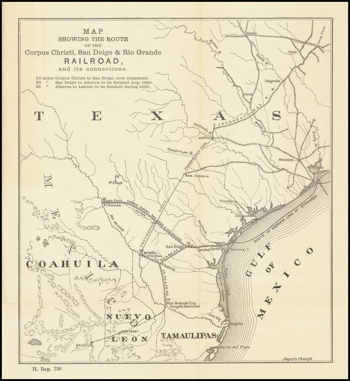 [Texas]  Map showing the route of the Corpus Christi, San Deigo & Rio Grande Railroad, and its connections.