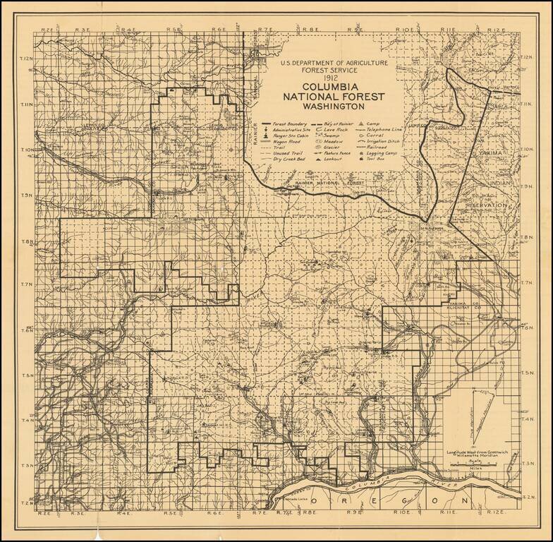 Map of Columbia National Forest and Directions To Hunters and Campers -- 1913